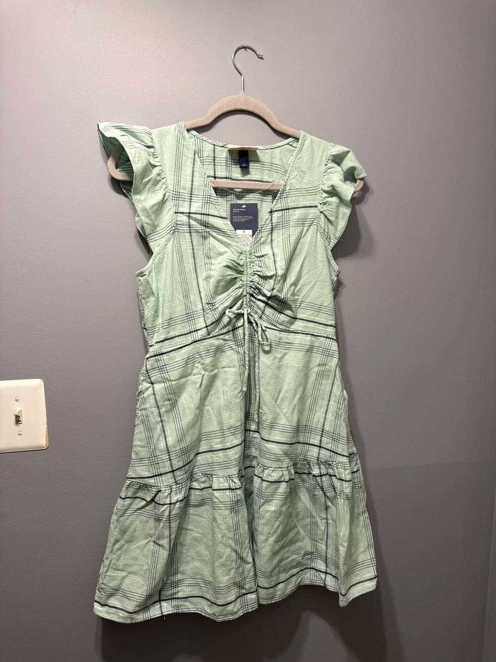Universal Thread Green Plaid Ruffle Sleeve Ruched Front Mini Dress Size S